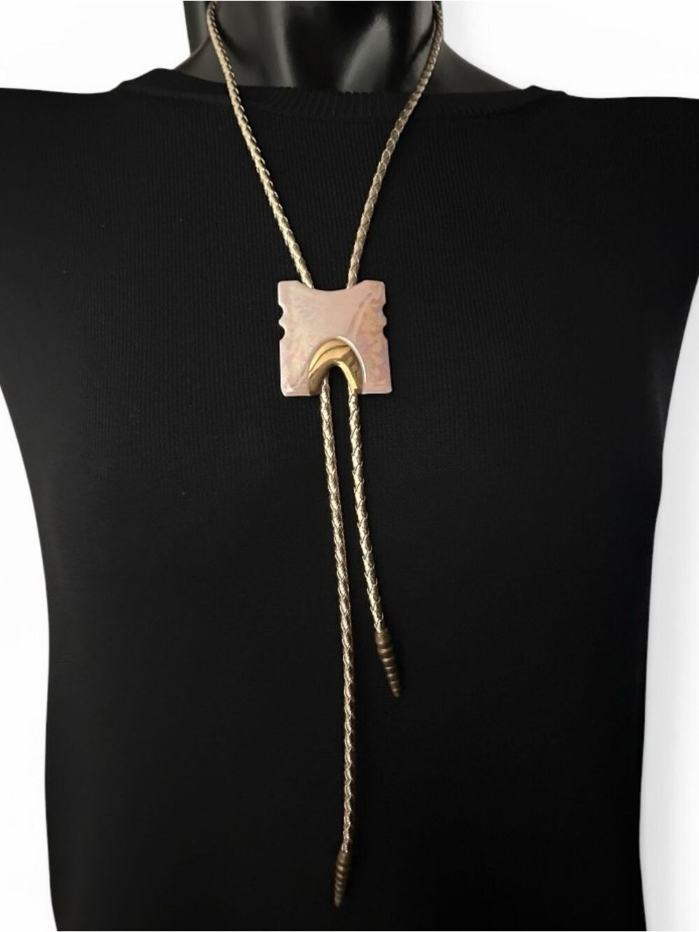 Vintage Gold Braided Bolo Lariat with Pink and Gold Opalescent Ceramic Square